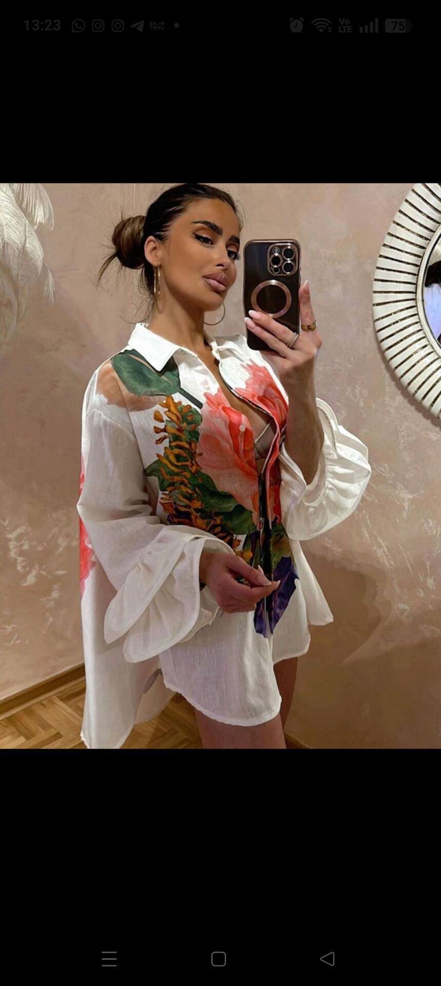 Keten Çiçek Desenli Kolları Fırfırlı Gömlek