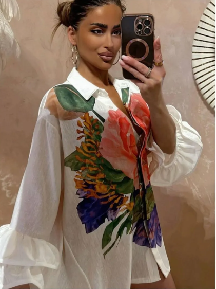 Keten Çiçek Desenli Kolları Fırfırlı Gömlek M