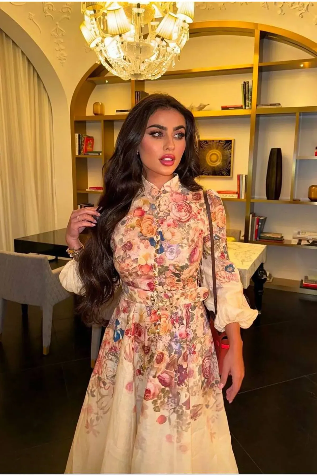 Keten Kumaş Desenli Kemerli Elbise