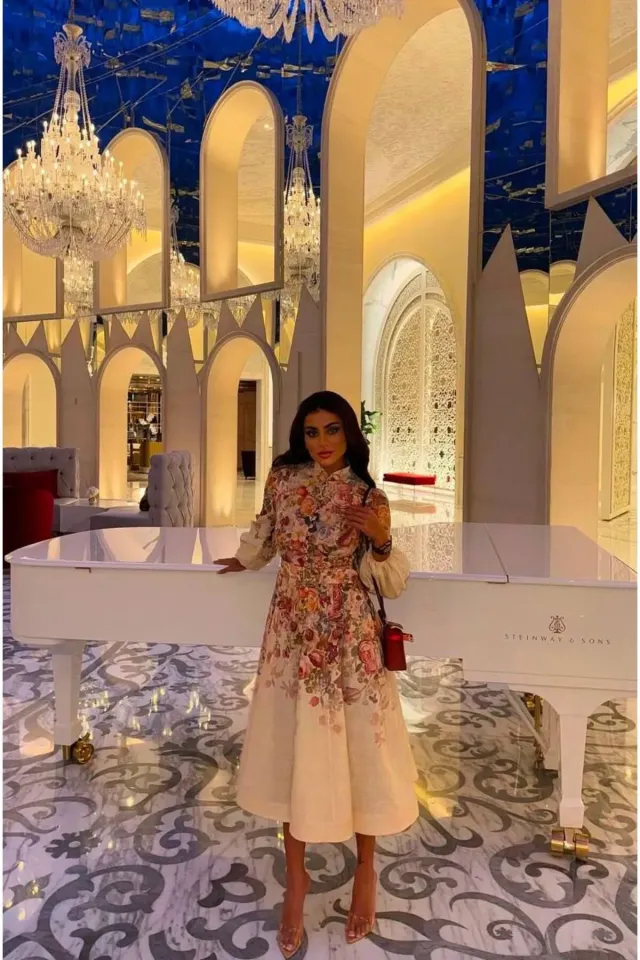 Keten Kumaş Desenli Kemerli Elbise