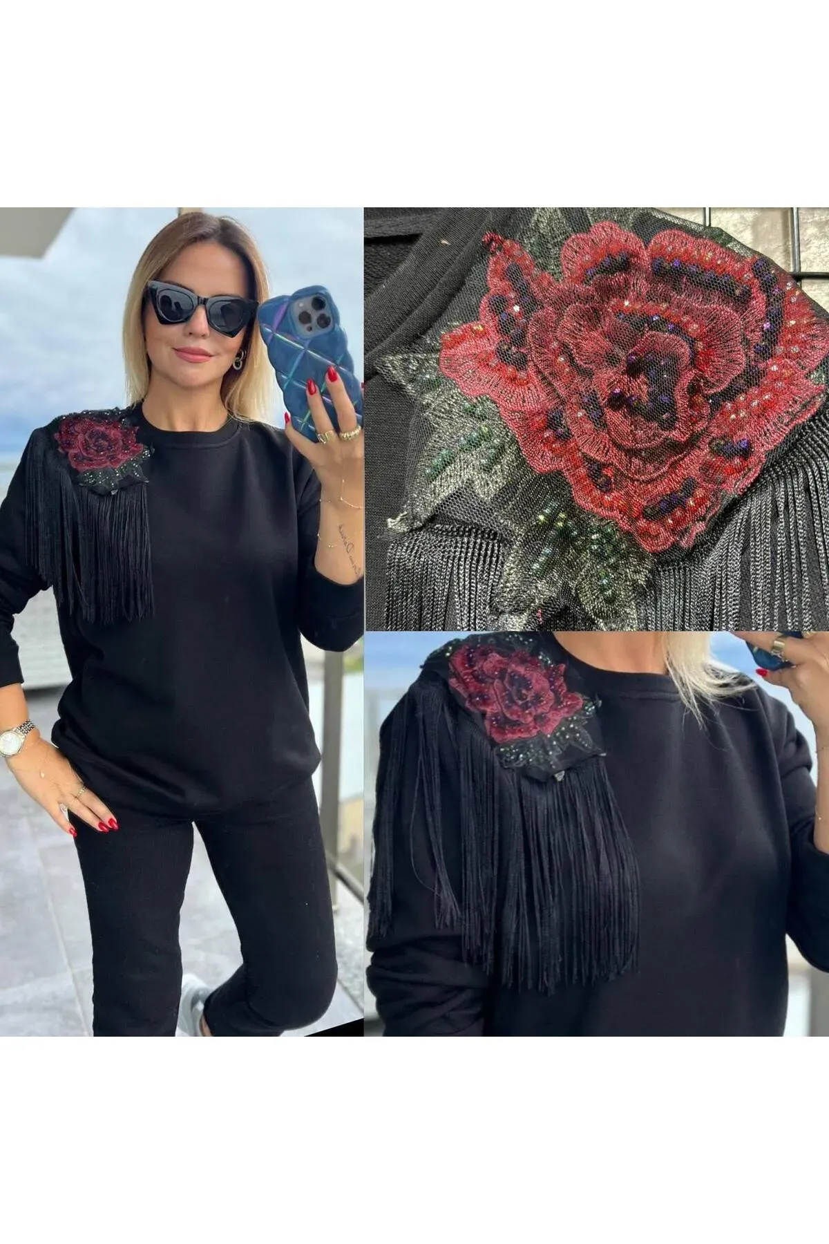 Tasarım Omuzu  Motifli ve Taşlı Püskül Detaylı Sweatshirt