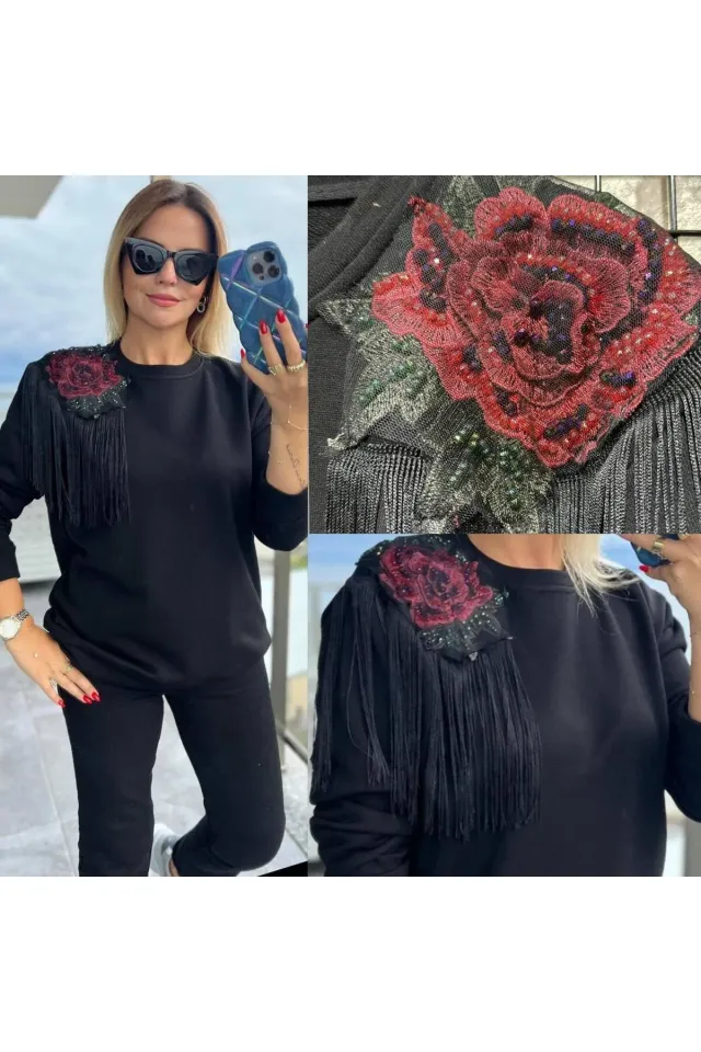 Tasarım Omuzu  Motifli ve Taşlı Püskül Detaylı Sweatshirt