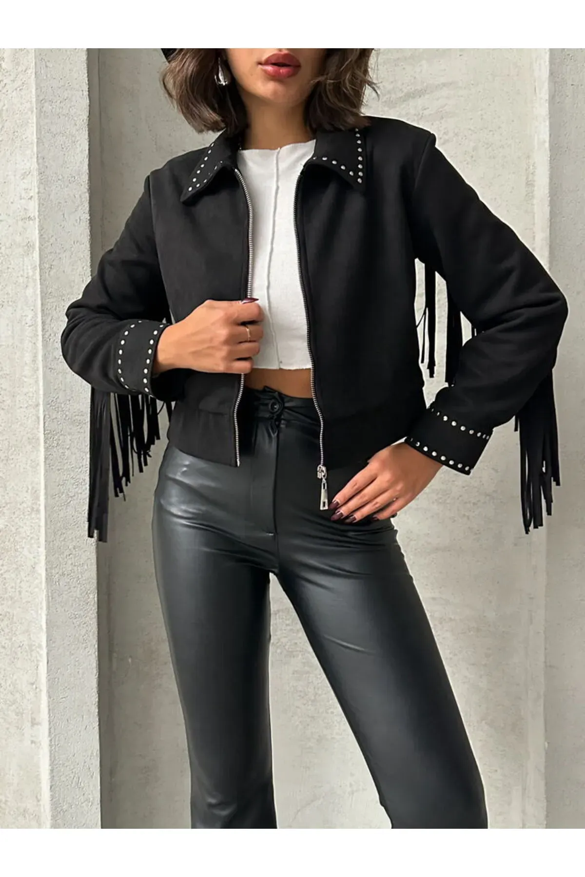 Püsküllü Droplu Toptan Mont - Siyah |