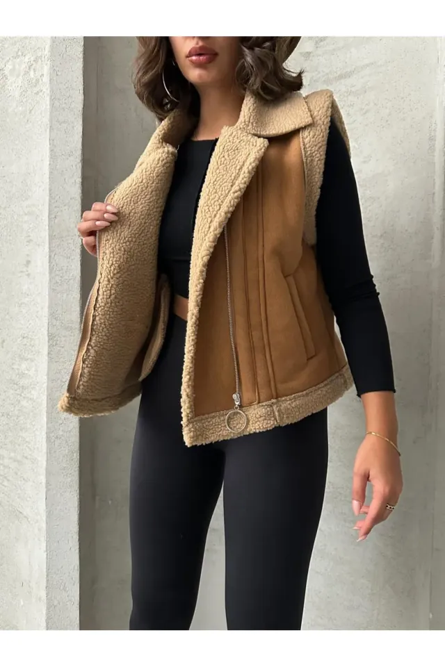 İçi Kürklü Fermuarlı Süet Yakası Kürklü Yelek
