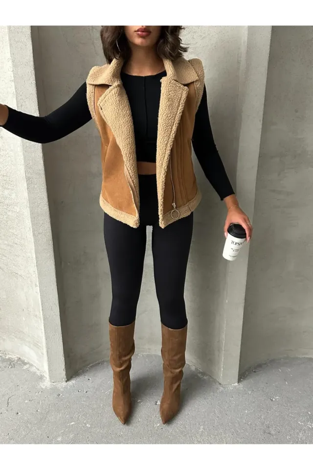 İçi Kürklü Fermuarlı Süet Yakası Kürklü Yelek