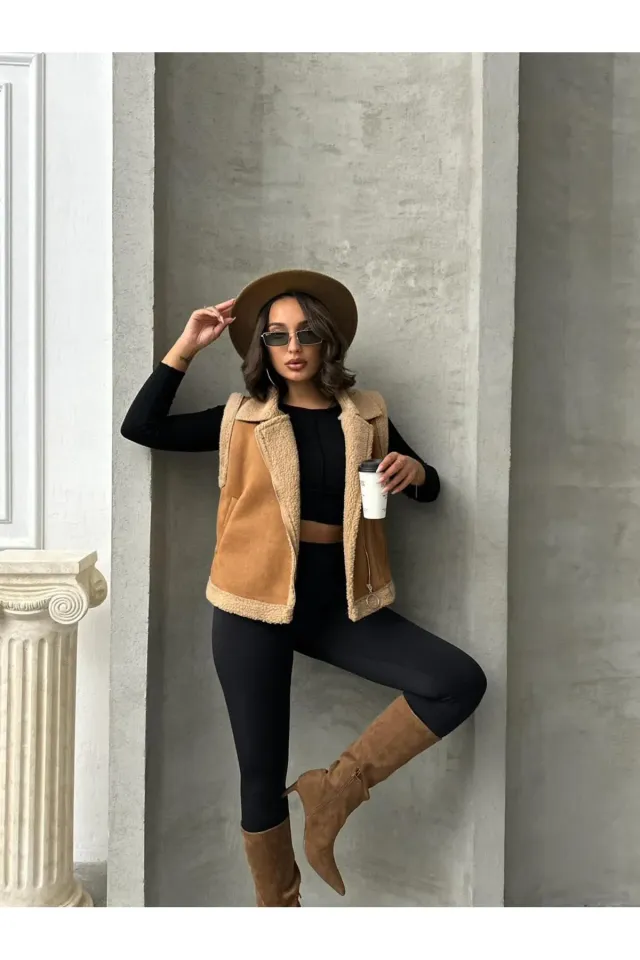 İçi Kürklü Fermuarlı Süet Yakası Kürklü Yelek