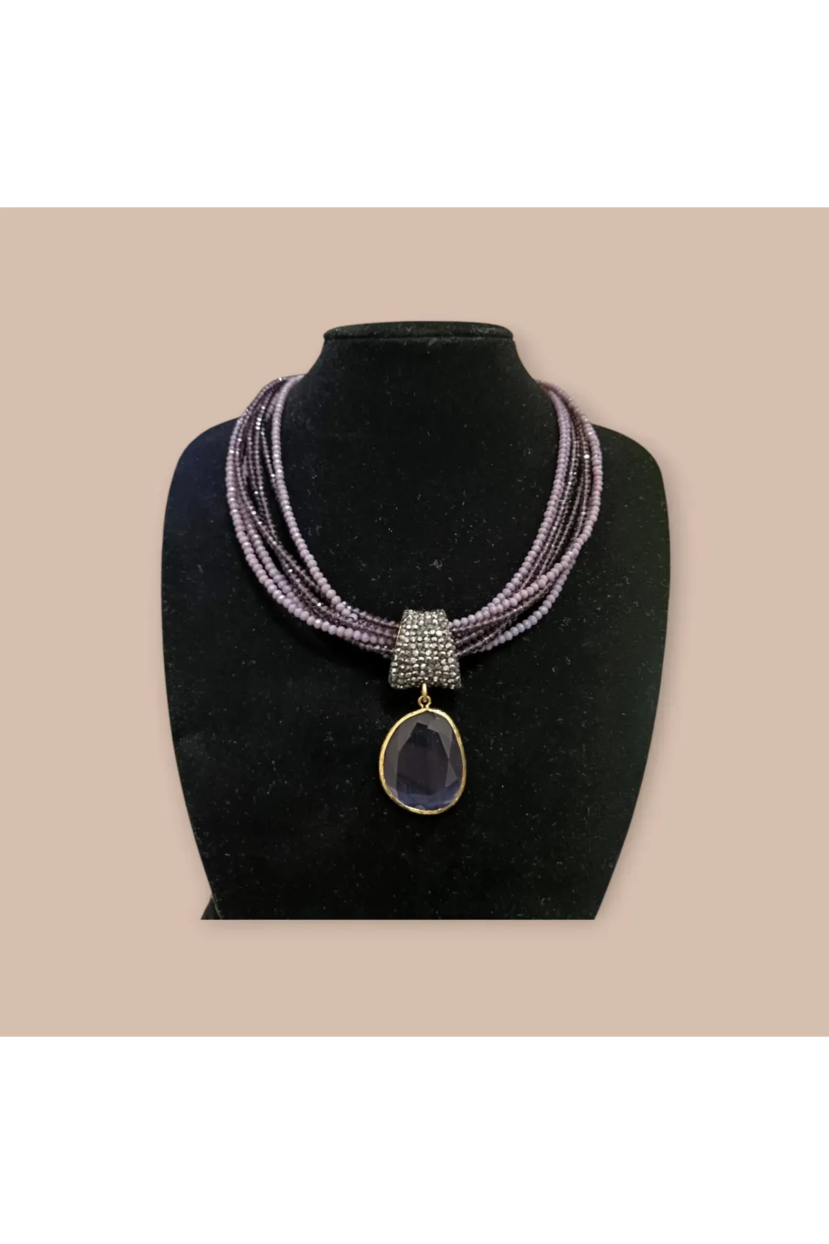 Mor Kristal Taşlı ve Mor Kedi Gözü Kolye