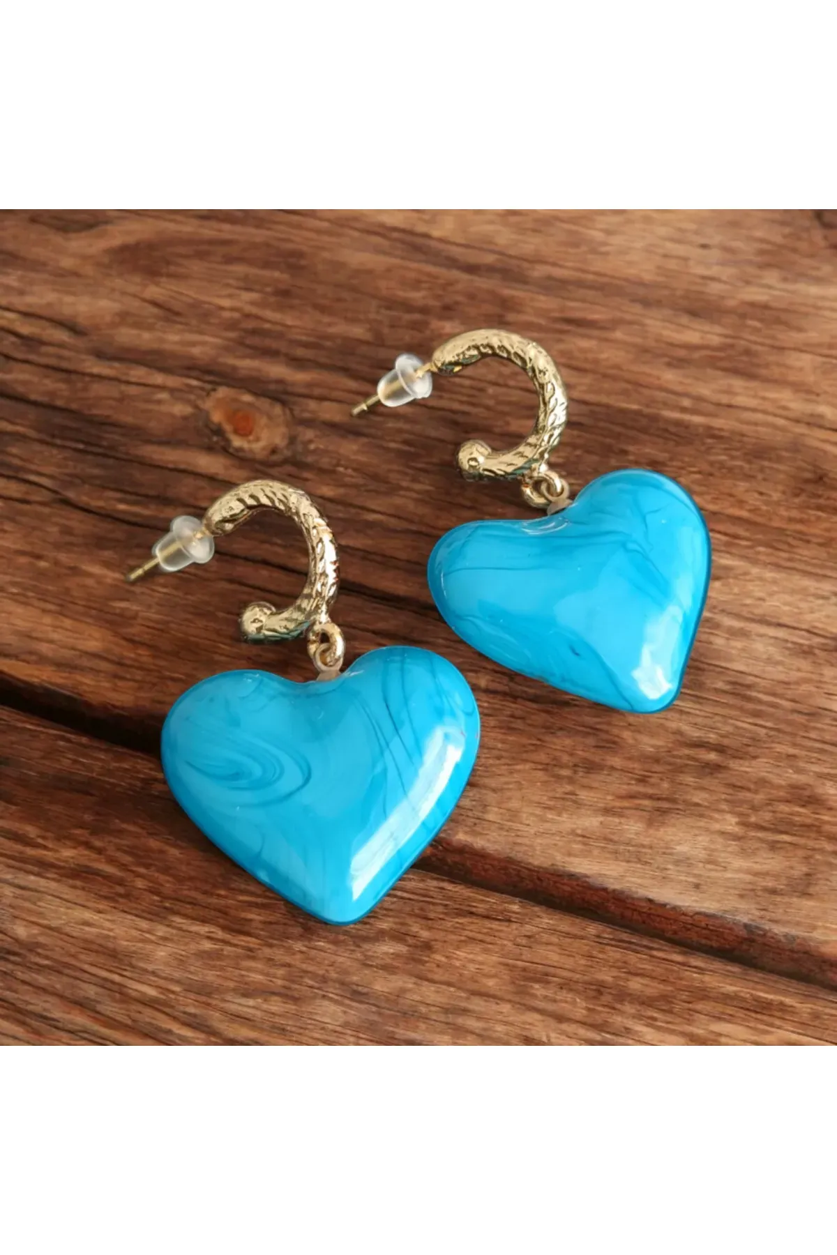 Mavi Parlak Kalpli Küpe