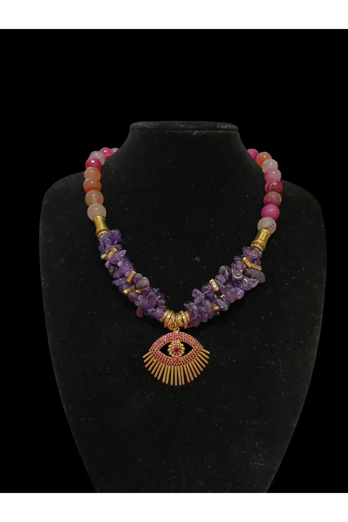 Ametist ve Pembe Akik Doğal Taşlı Tasarım Kolye