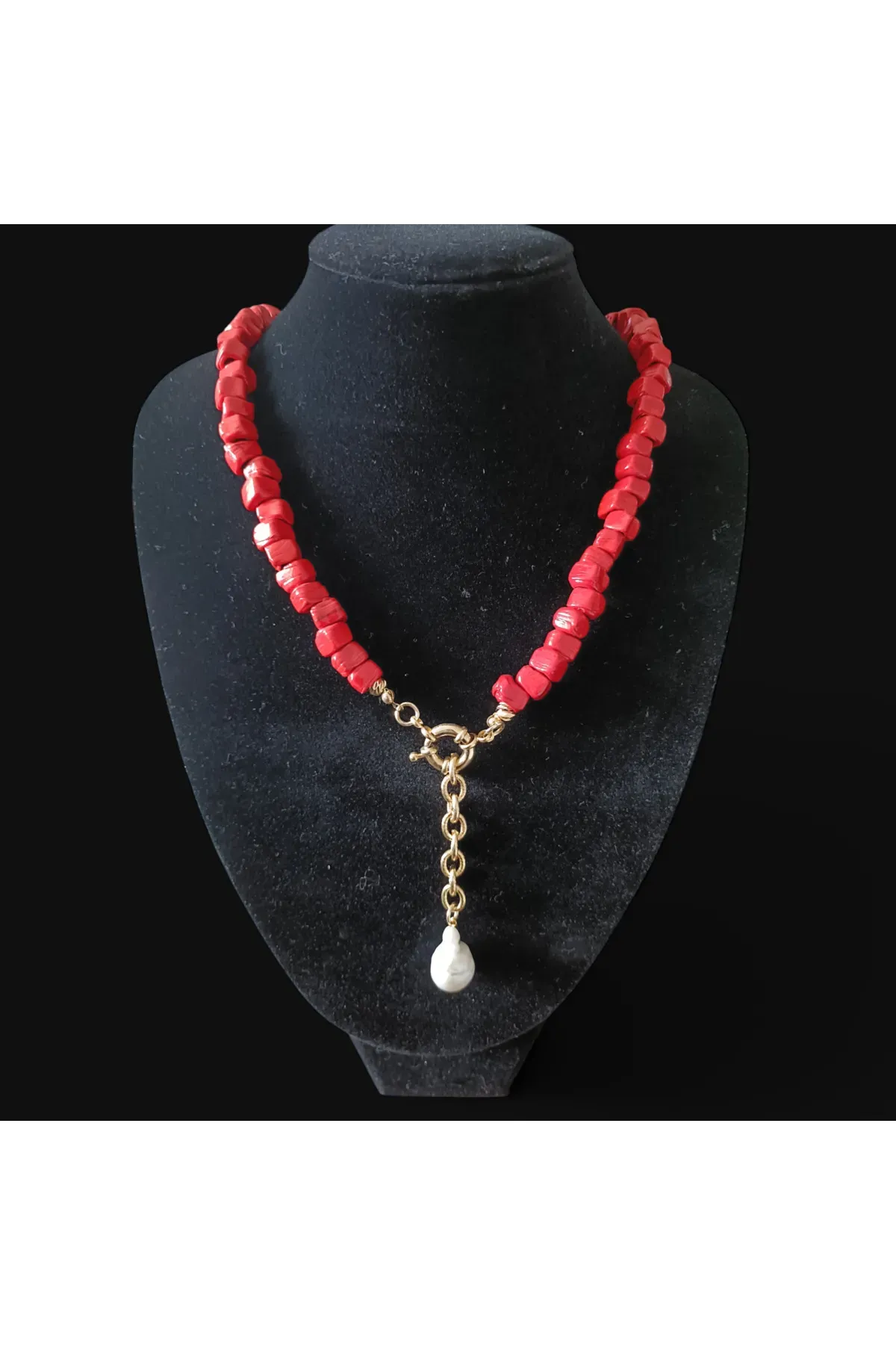İnci Uçlu Kırmızı Mercan Doğal Taş Kolye