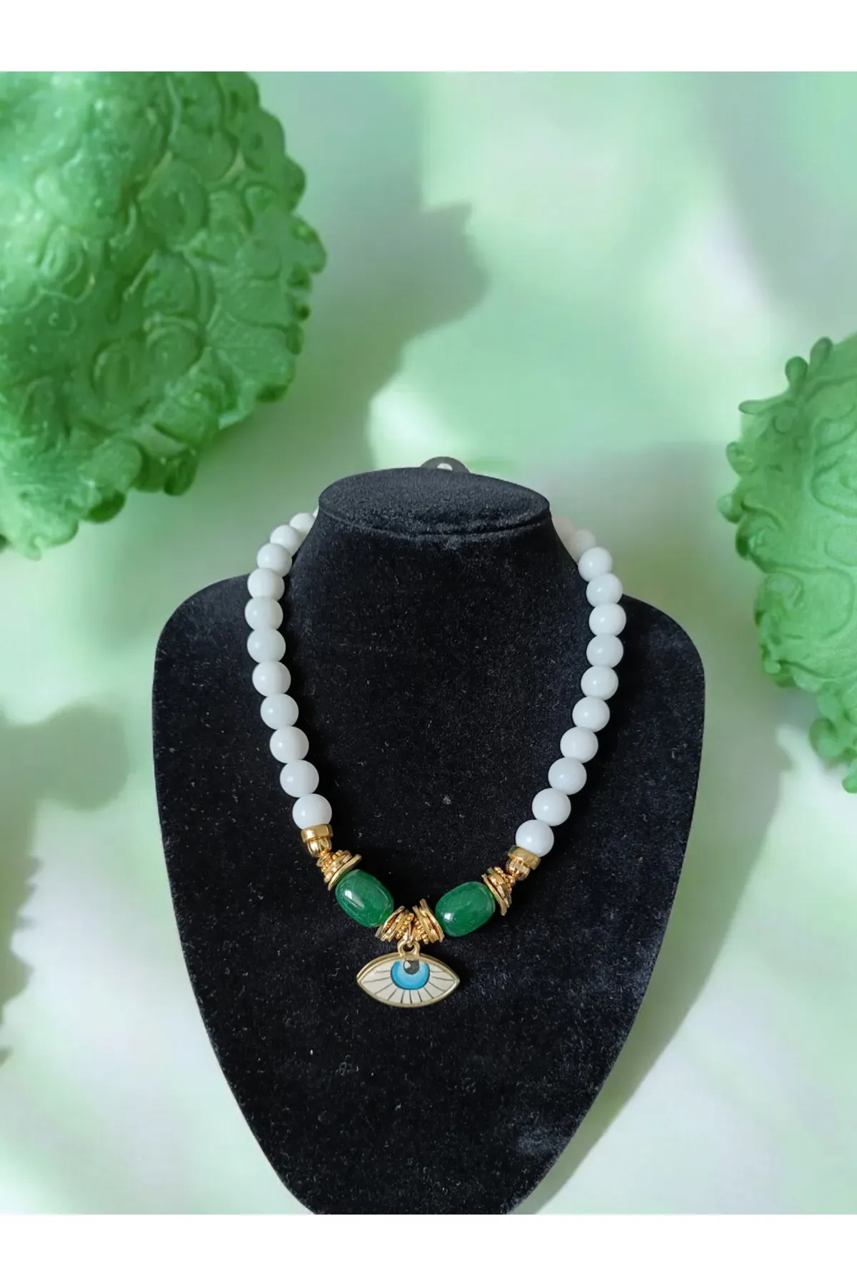 Yeşil Akik ve Beyaz Oniks  Doğal Taşlı Tasarım Kolye