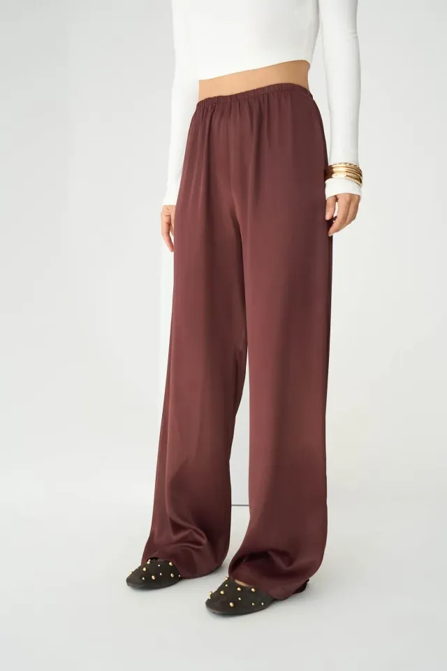 Beli Lastikli Saten Palazzo Pantolon S - BORDO