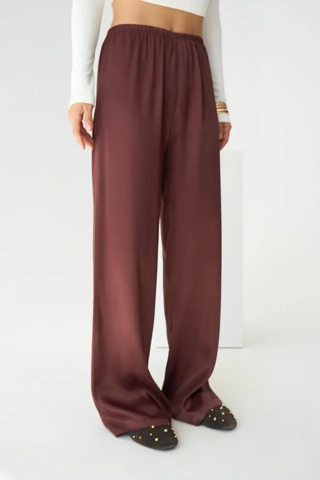 Beli Lastikli Saten Palazzo Pantolon M - BORDO