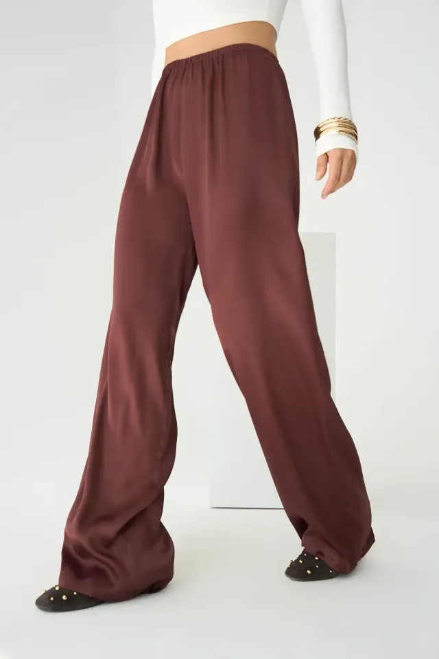 Beli Lastikli Saten Palazzo Pantolon S - BORDO