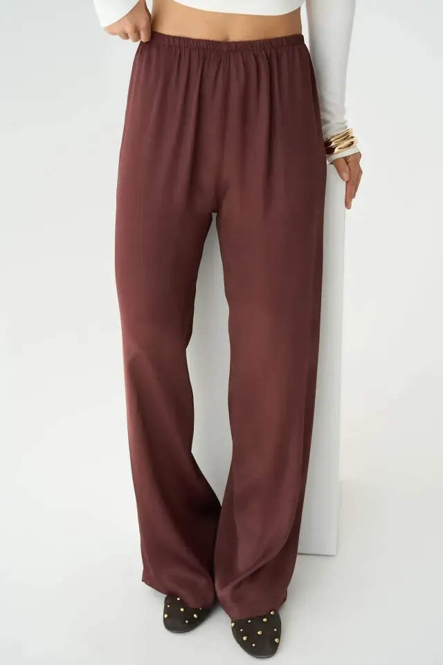 Beli Lastikli Saten Palazzo Pantolon S - BORDO