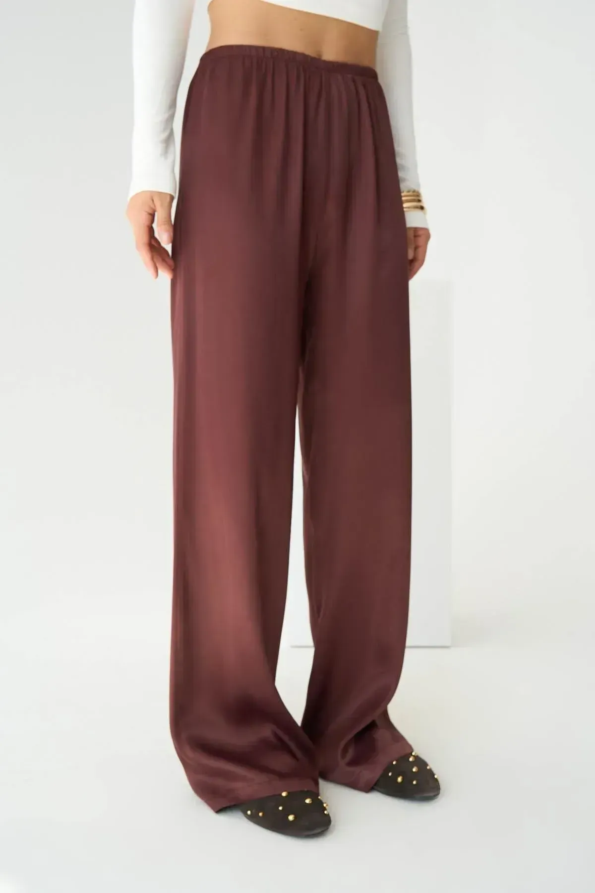 Beli Lastikli Saten Palazzo Pantolon S - BORDO