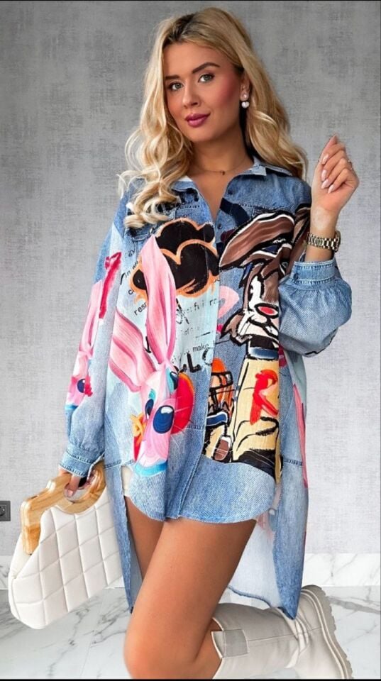 Tavşan Baskılı Jeans Tunik
