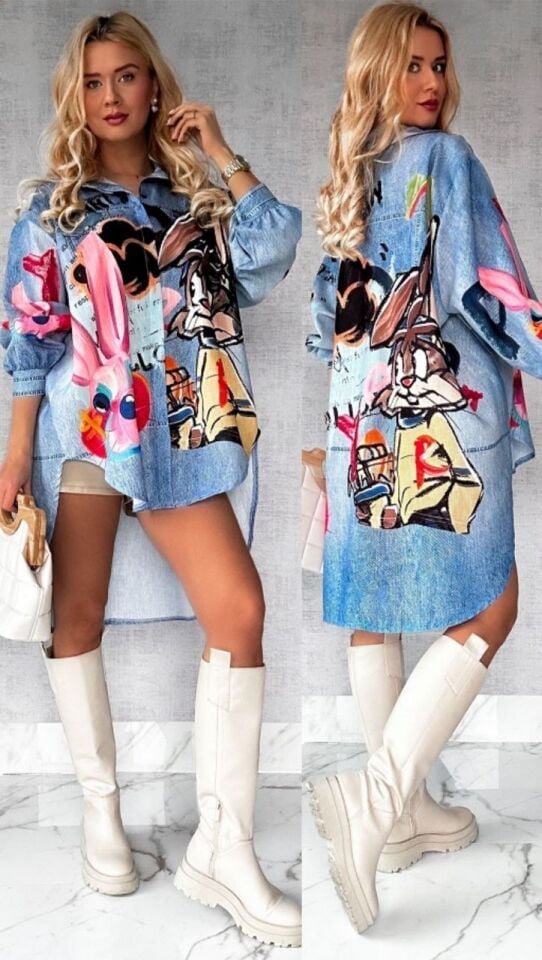 Tavşan Baskılı Jeans Tunik