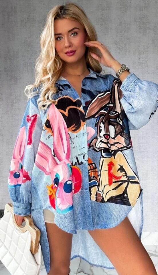 Tavşan Baskılı Jeans Tunik