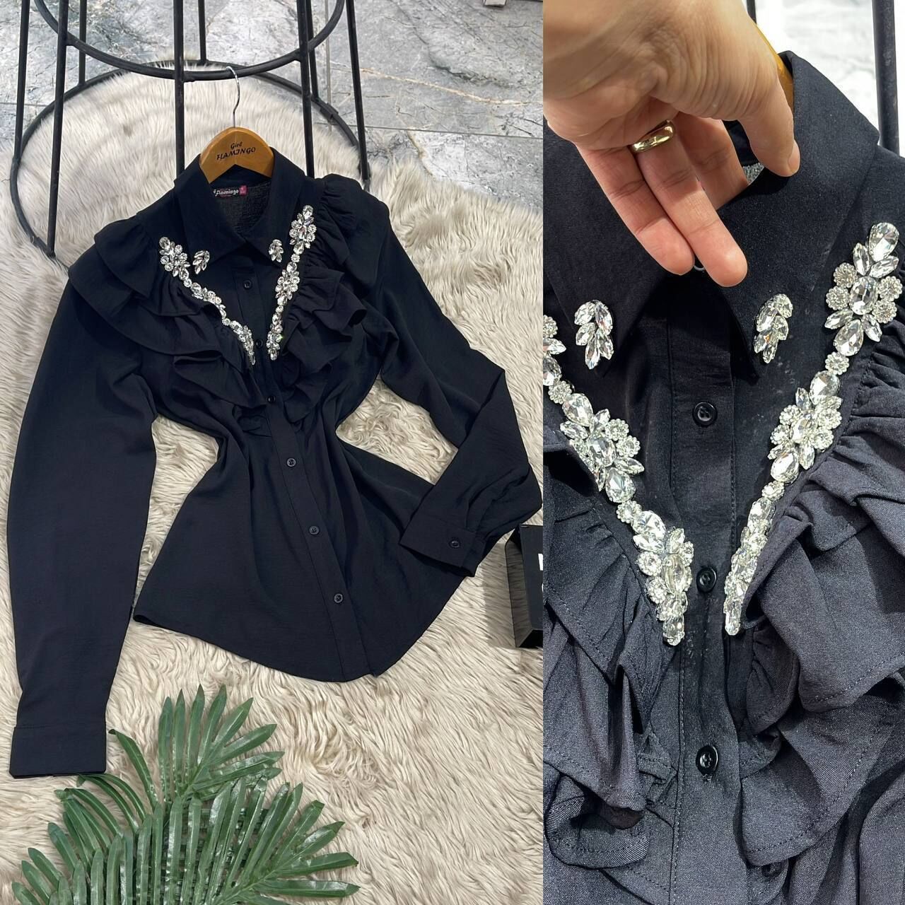 Fırfırlı Taş İşlemeli Gömlek